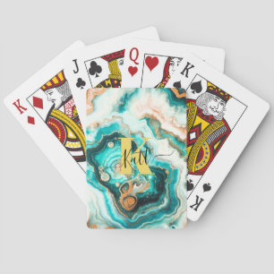 Teal Aqua Agate Golden Custom Modern Monogram Playing Cards