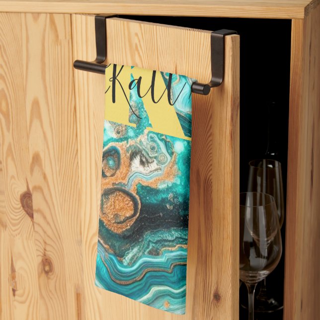 Teal Aqua Agate Golden Custom Modern Monogram Tea Towel (Thirds Fold)