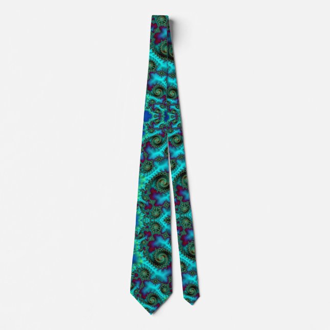 Teal Aqua and Plum Spiral Fractal Abstract Tie (Front)