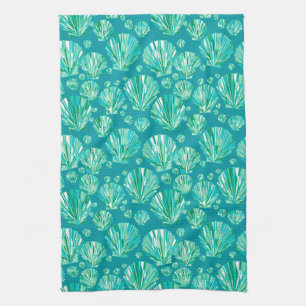 Teal, Aqua and Turquoise Sea Shells  Tea Towel