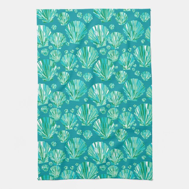 Teal, Aqua and Turquoise Sea Shells  Tea Towel (Vertical)