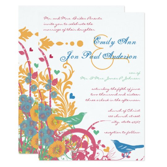 Teal Aqua Beeswax Raspberry Green Lovebird Wedding Card