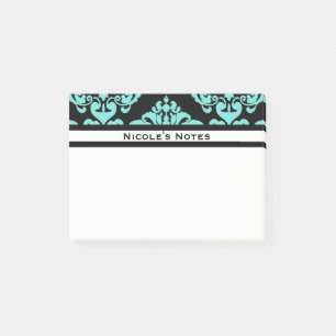 Teal Aqua Black Damask Pattern Modern Personalised Post-it Notes