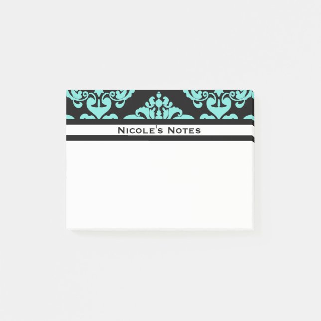 Teal Aqua Black Damask Pattern Modern Personalised Post-it Notes (Front)