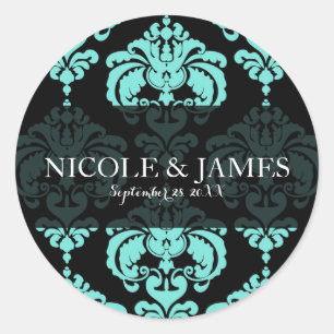 Teal Aqua Black Damask Vintage Wedding Event Favou Classic Round Sticker