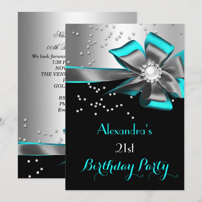 Teal Aqua Black Silver Bow Pearl Birthday Party Invitation (Front/Back)