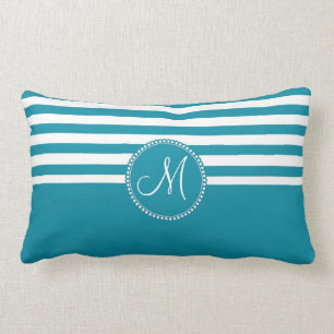 Teal Aqua Blue and White Striped Monogram Lumbar Cushion