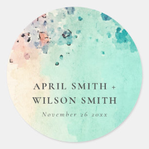 TEAL AQUA BLUE BEACH SAND ROCK WATERCOLOR WEDDING CLASSIC ROUND STICKER