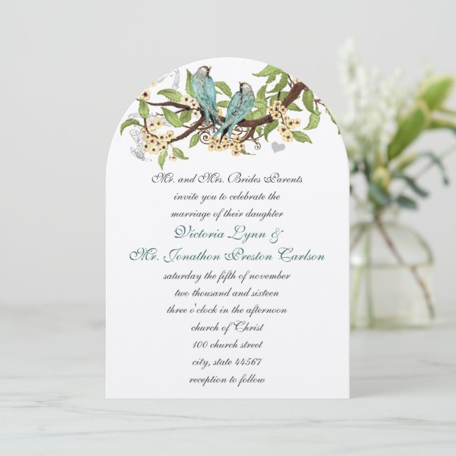 Teal Aqua Blue Bird Wedding Invites (Standing Front)