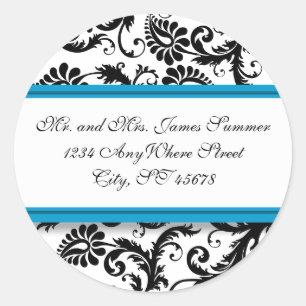 Teal Aqua Blue Black Damask Address Wedding Classic Round Sticker