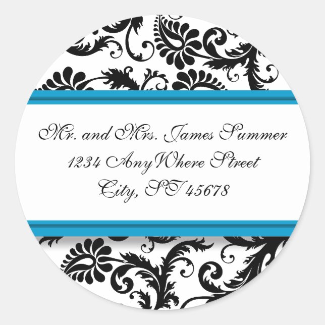 Teal Aqua Blue Black Damask Address Wedding Classic Round Sticker (Front)