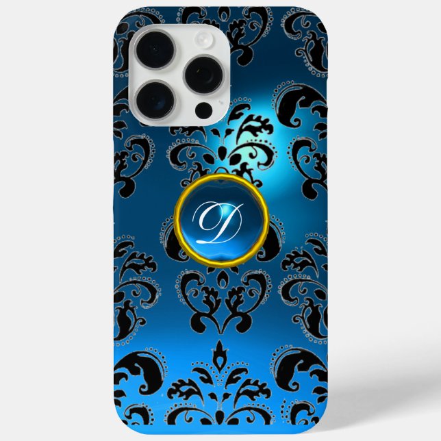 TEAL AQUA BLUE BLACK DAMASK GEMSTONE MONOGRAM Case-Mate iPhone CASE (Back)