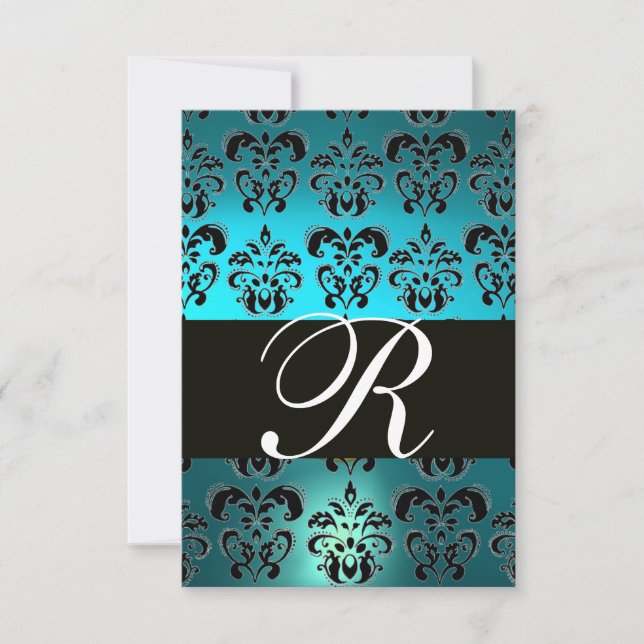 TEAL AQUA BLUE BLACK DAMASK MONOGRAM RSVP (Front)