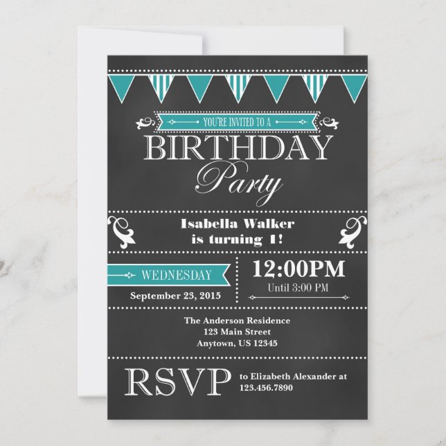 Teal Aqua Blue Chalkboard Birthday Invitation (Front)