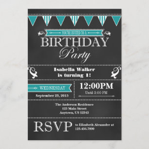 Teal Aqua Blue Chalkboard Birthday Invitation
