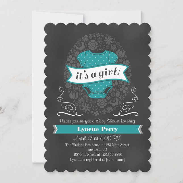 Teal Aqua Blue Chalkboard Girl Baby Shower Invite (Front)