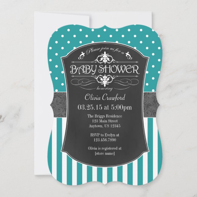 Teal Aqua Blue Chalkboard Stripes Baby Shower Invitation (Front)