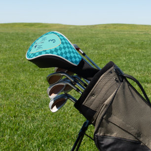 Teal & Aqua Blue Chequered Monogram Golf Head Cover