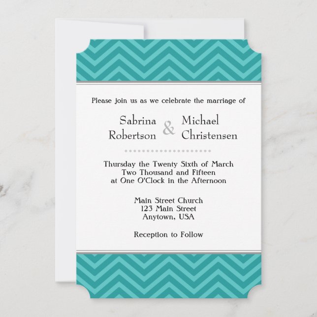 Teal Aqua Blue Chevron Wedding Invitations (Front)
