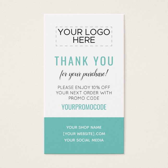 Teal Aqua Blue Custom Promo Code Discount Card (Front)