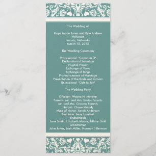Teal Aqua Blue Damask Swirls Wedding Program Programme