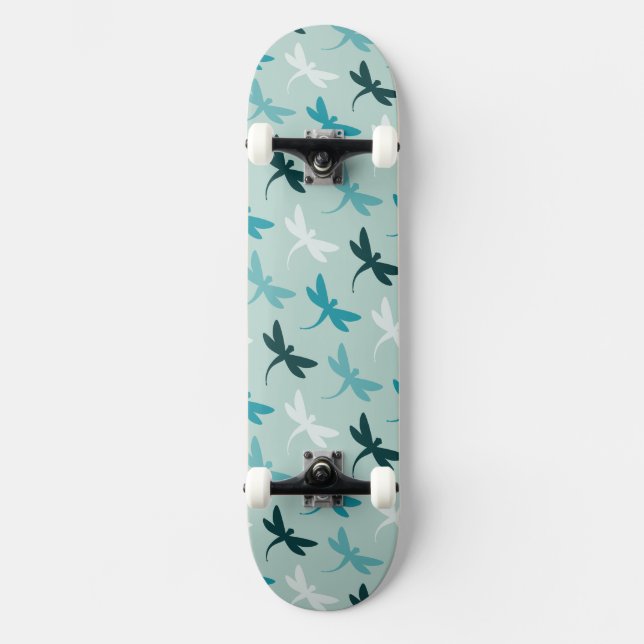 Teal Aqua Blue Dragonflies Pattern Skateboard (Front)