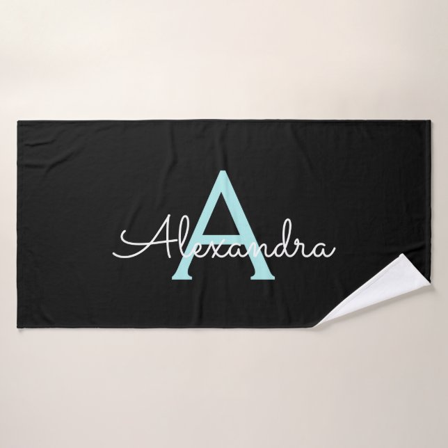 Teal Aqua Blue Girly Script Monogram Name Modern Bath Towel (Bath Towel)