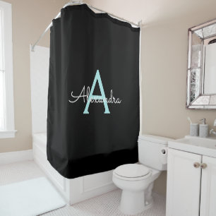 Teal Aqua Blue Girly Script Monogram Name Modern Shower Curtain