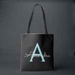 Teal Aqua Blue Girly Script Monogram Name Modern Tote Bag<br><div class="desc">Black and Teal Aqua Blue Elegant Add Your Own Name Monogram Book Bag. This Book Bag can be customised to include your initial and first name and given as a gift for Christmas,  Sweet 16 Birthday,  Bridal Shower or a Wedding.</div>