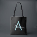 Teal Aqua Blue Girly Script Monogram Name Modern Tote Bag<br><div class="desc">Black and Teal Aqua Blue Elegant Add Your Own Name Monogram Book Bag. This Book Bag can be customised to include your initial and first name and given as a gift for Christmas,  Sweet 16 Birthday,  Bridal Shower or a Wedding.</div>