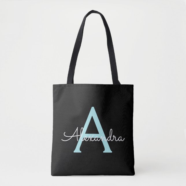 Teal Aqua Blue Girly Script Monogram Name Modern Tote Bag (Front)
