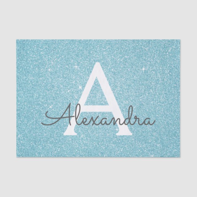 Teal Aqua Blue Glitter and Sparkle Monogram Tissue Paper (Front)