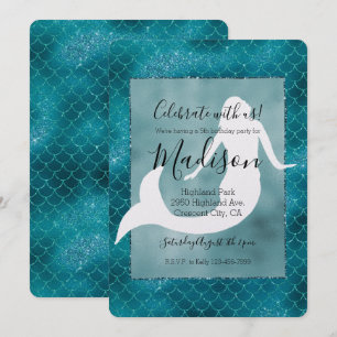 Teal Aqua Blue Glitter Sparkle Mermaid Birthday Invitation