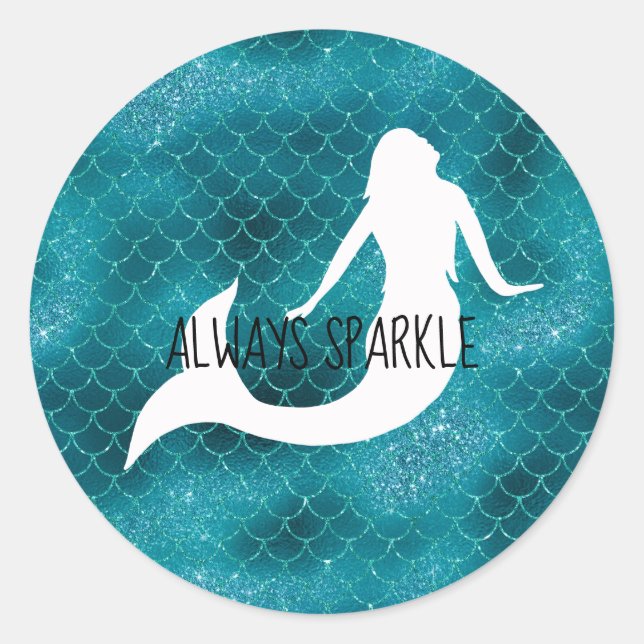 Teal Aqua Blue Glitter Sparkle Mermaid Classic Round Sticker (Front)