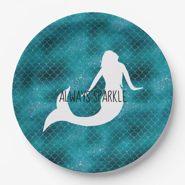 Teal Aqua Blue Glitter Sparkle Mermaid Paper Plate (Front)