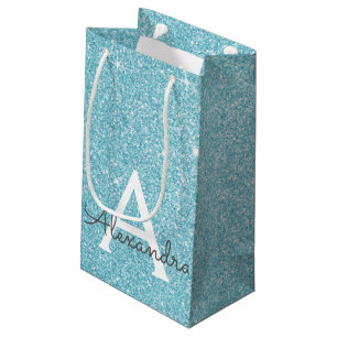 Teal Aqua Blue Glitter & Sparkle Monogram Small Gift Bag