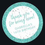 Teal Aqua Blue Glitter Thank You Birthday Favour Classic Round Sticker<br><div class="desc">Turquoise teal blue glitter and silver sparkle personalised thank you favour stickers for a fun and girly birthday party. All text is editable, so they are great for a little girl's 1st 5th, or 8th birthday, or a big girl's 13th 15th sweet 16th, 18th or 21st birthday or graduation. The...</div>