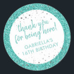 Teal Aqua Blue Glitter Thank You Birthday Favour Classic Round Sticker<br><div class="desc">Turquoise teal blue glitter and silver sparkle personalised thank you favour stickers for a fun and girly birthday party. All text is editable, so they are great for a little girl's 1st 5th, or 8th birthday, or a big girl's 13th 15th sweet 16th, 18th or 21st birthday or graduation. The...</div>