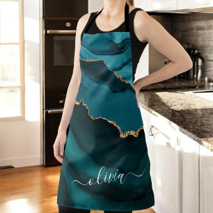 Teal Aqua Blue Green Agate Geode Gold Monogram Apron