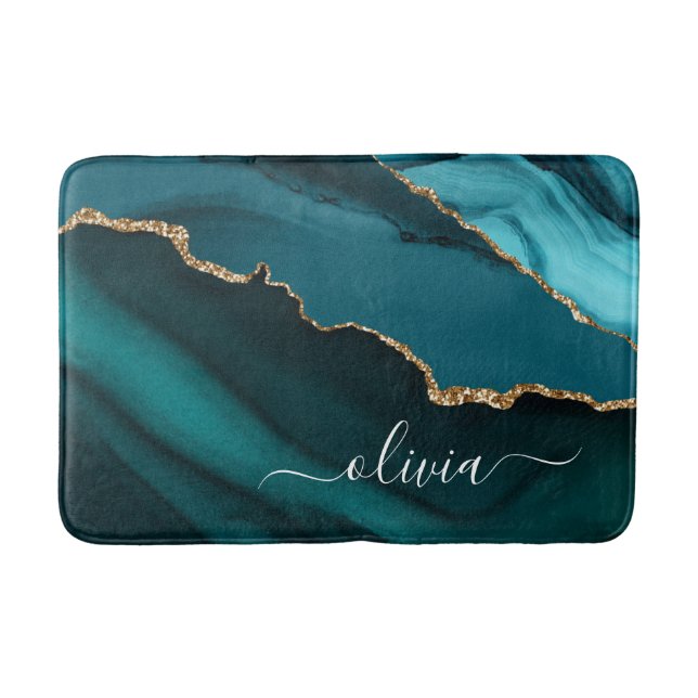 Teal Aqua Blue Green Agate Geode Gold Monogram Bath Mat (Front)