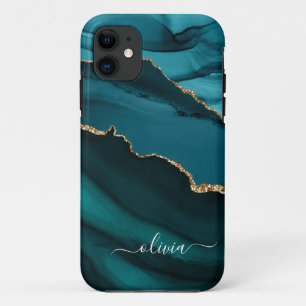 Teal Aqua Blue Green Agate Geode Gold Monogram iPhone 11 Case