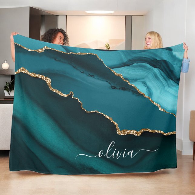 Teal Aqua Blue Green Agate Geode Gold Monogram Fleece Blanket (Creator Uploaded)