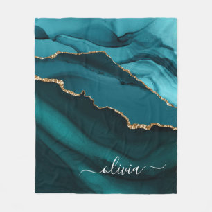 Teal Aqua Blue Green Agate Geode Gold Monogram Fleece Blanket