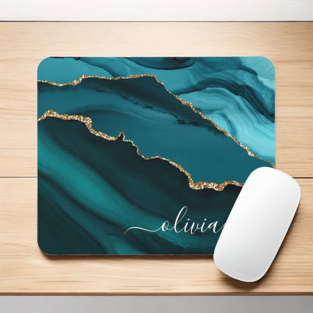 Teal Aqua Blue Green Agate Geode Gold Monogram Mouse Mat (Creator Uploaded)