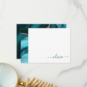 Teal Aqua Blue Green Agate Geode Gold Monogram Thank You Card