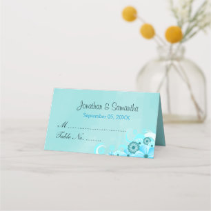 Teal Aqua Blue Hibiscus Floral Folded Table Place Card