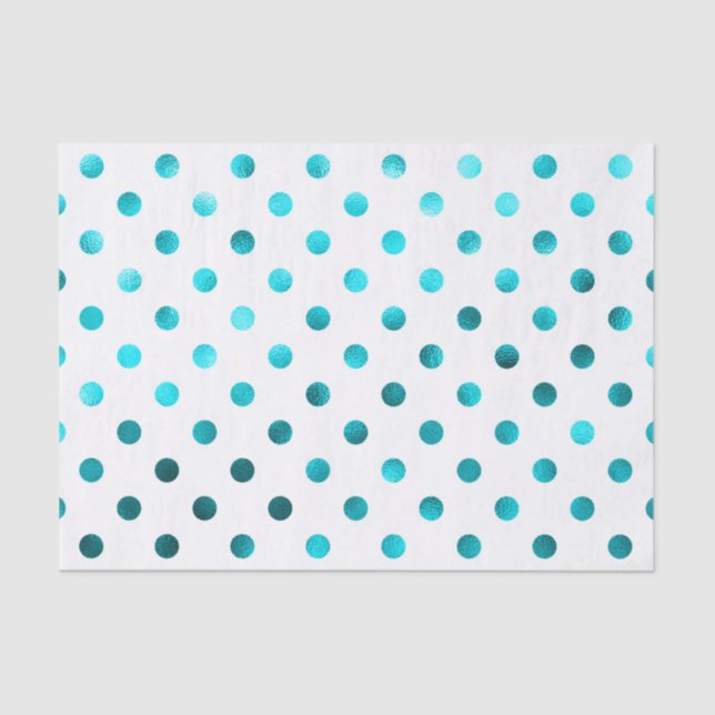 Teal Aqua Blue Metallic Faux Foil Polka Dot White Tissue Paper (Front)
