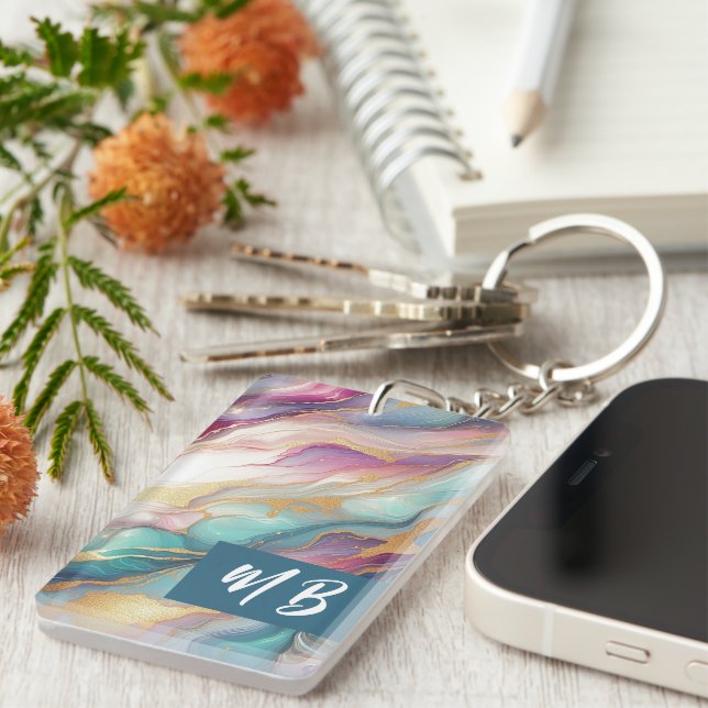 Teal Aqua Blue Purple Pink Gold Marble Art Pattern Key Ring (Front Right)