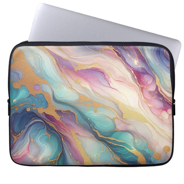 Teal Aqua Blue Purple Pink Gold Marble Art Pattern Laptop Sleeve (Front)
