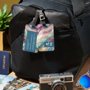 Teal Aqua Blue Purple Pink Gold Marble Art Pattern Luggage Tag